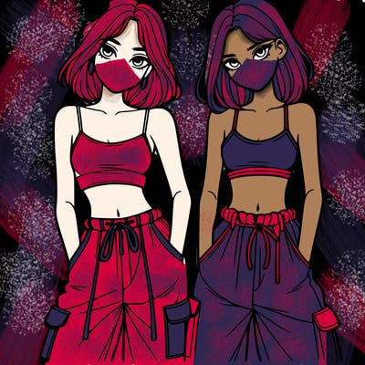 two girls with crop top with baggy pants
