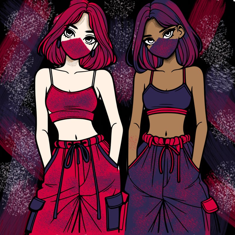 two girls with crop top with baggy pants