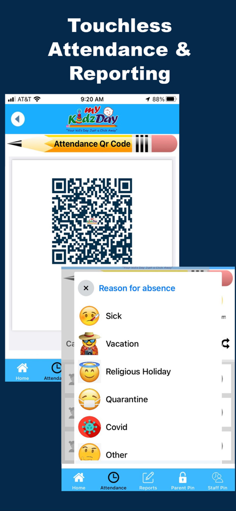 myKidzDay app screen showing touchless attendance QR code and absence reason selection menu.