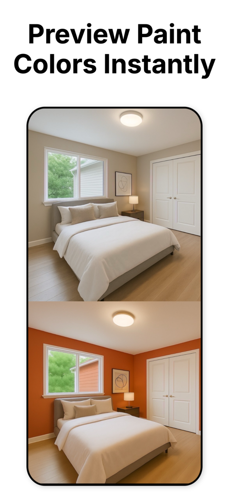 Comparação lado a lado de um quarto antes e depois da mudança das cores das paredes de bege para laranja usando um visualizador de tinta com IA