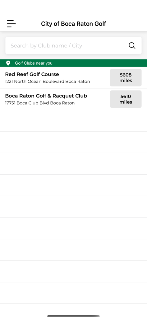 City of Boca Raton Golf - Pantalla de selección de campo en la aplicación de golf de la Ciudad de Boca Ratón que muestra una lista de campos de golf cercanos y una barra de búsqueda.