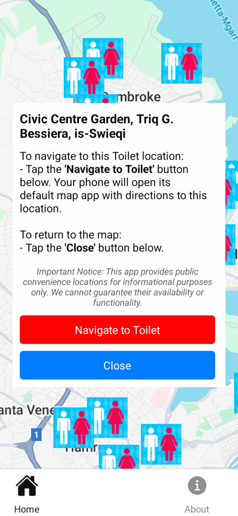Public Toilets Malta app interface showing a map with restroom locations and navigation options for a specific site in Swieqi.