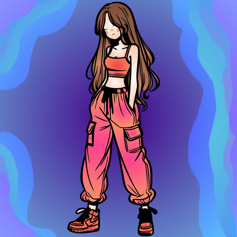 girl in baggy pants crop top and long hair