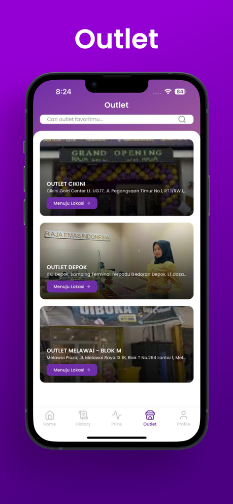 Raja Emas - Raja Emas mobile app screen showing a list of physical gold outlet locations with store photos and addresses
