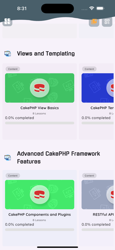 Mobile app screen showing CakePHP course modules for views and advanced framework features