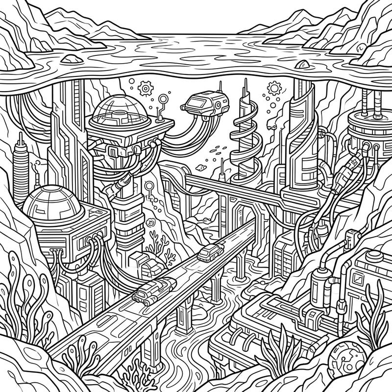 Immerse yourself in a breathtaking underwater world where technology meets nature. This unique coloring page brings a vibrant cyberpunk city to life beneath the tranquil surface of deepwater lakes, waiting for your creative touch.