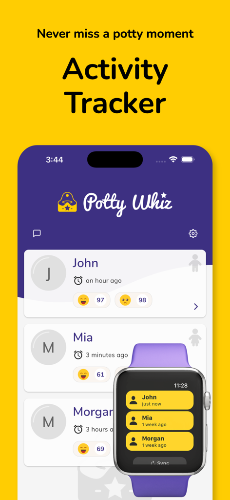 Potty Whiz: Training App - Potty Whiz app interface showing child activity tracking and Apple Watch integration