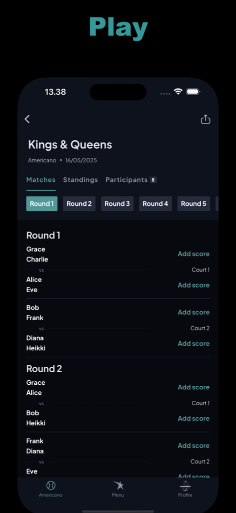 Padelution - Padelution app interface showing the match schedule and rounds for an Americano padel tournament