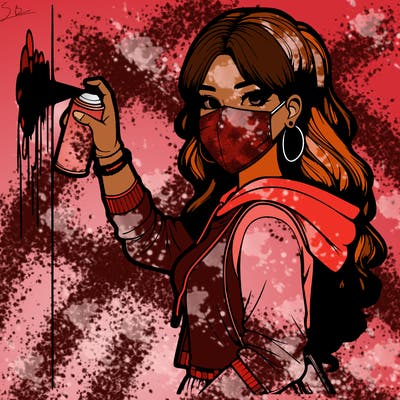 realistic girl with mask spray painting a wall