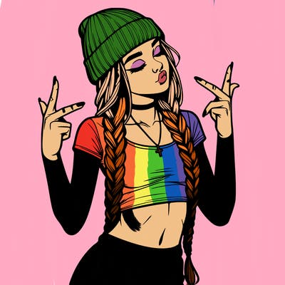 realistic teenage girl with braids and a beanie and crop top doing 🫶🏼