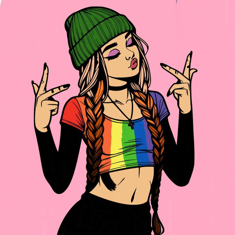 realistic teenage girl with braids and a beanie and crop top doing 🫶🏼
