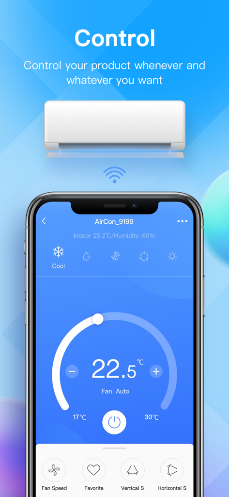 Interface de l'application NetHome Plus pour le contrôle à distance du climatiseur sur un smartphone