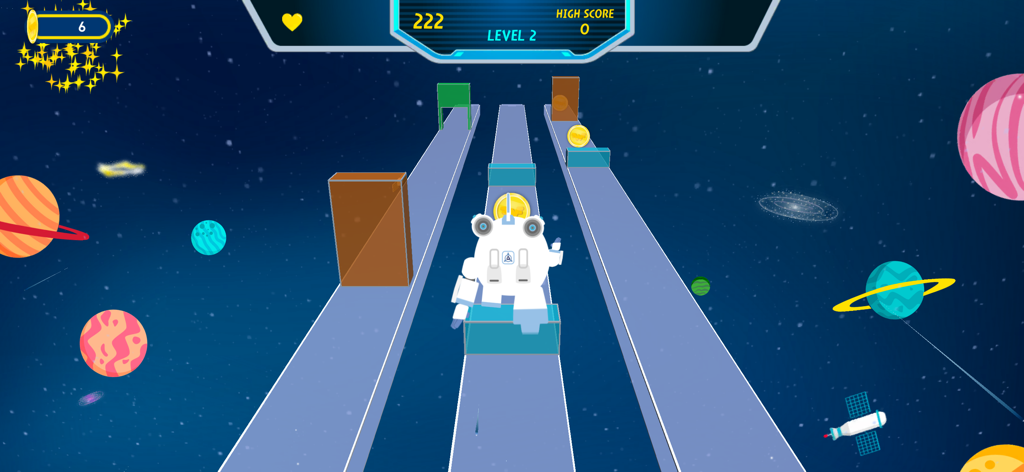 El personaje Astra navegando por un nivel espacial con planetas y obstáculos en el juego Super Wings Mission Challenge