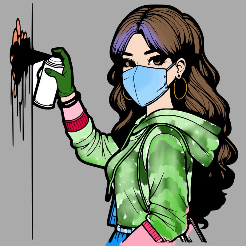 realistic girl with mask spray painting a wall