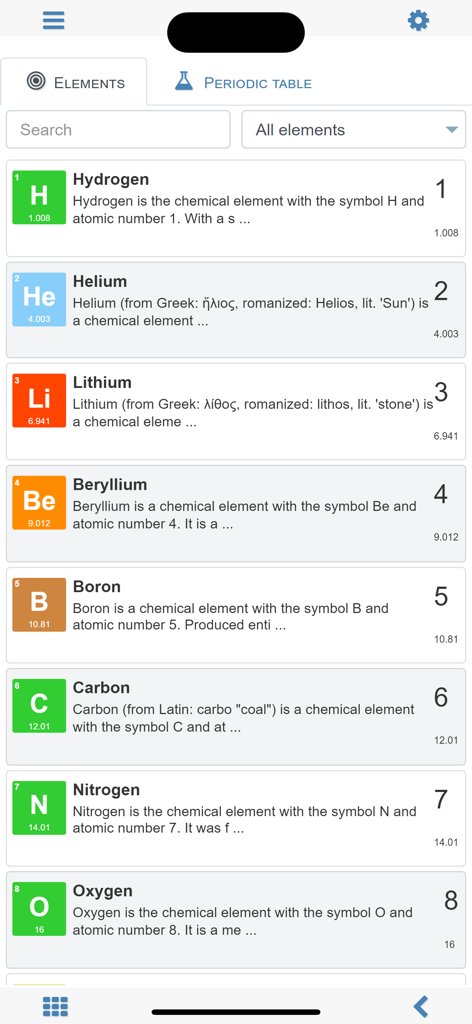 Unit converter MxUnit Pro - A list of chemical elements showing atomic numbers and symbols in the MxUnit Pro app.