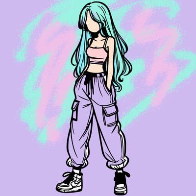 girl in baggy pants crop top and long hair