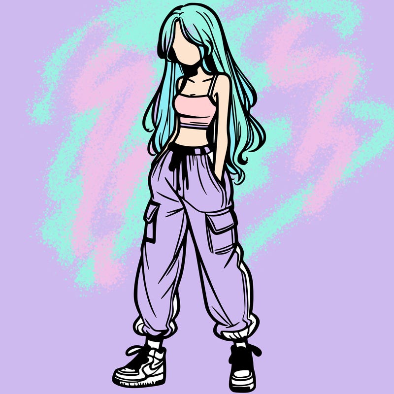 girl in baggy pants crop top and long hair