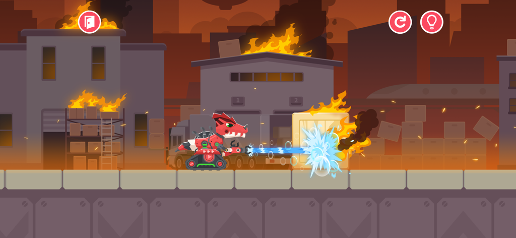 Dinosaur Coding: Kids Games - A red dinosaur truck putting out fires in a city rescue scene
