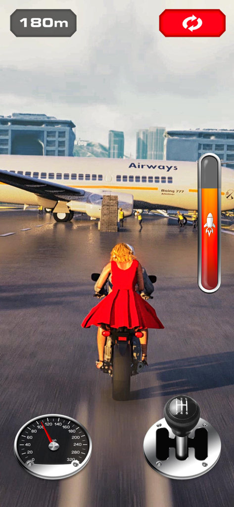 Jump into the Plane - Una mujer con un vestido rojo montando una motocicleta sobre una pista de aterrizaje hacia una rampa de avión
