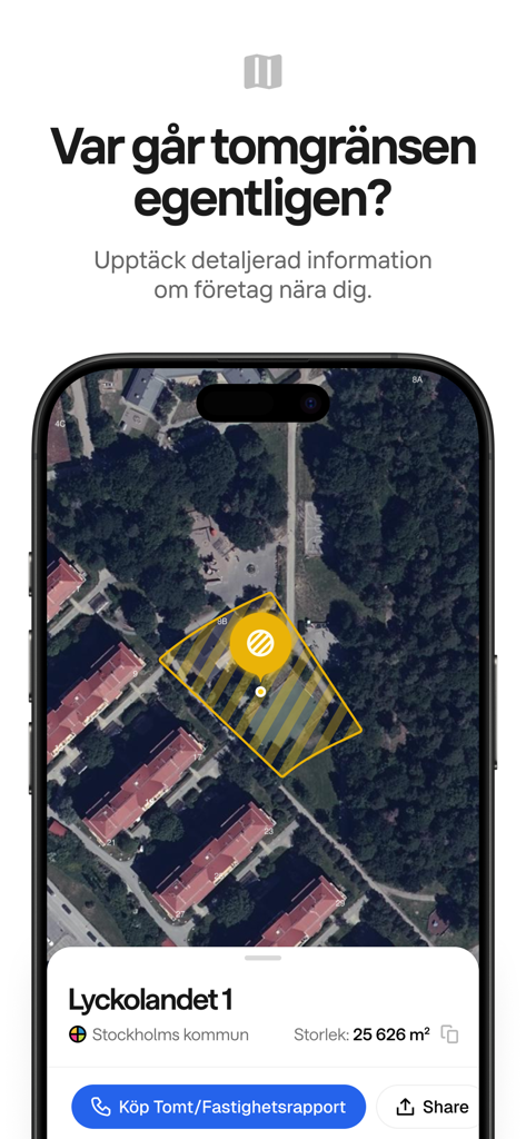 hitta.se - Mobile screen showing a satellite map with highlighted property boundaries and real estate information in Stockholm.