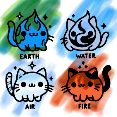 4 cats that represent the different elements, earth, water, air, and fire