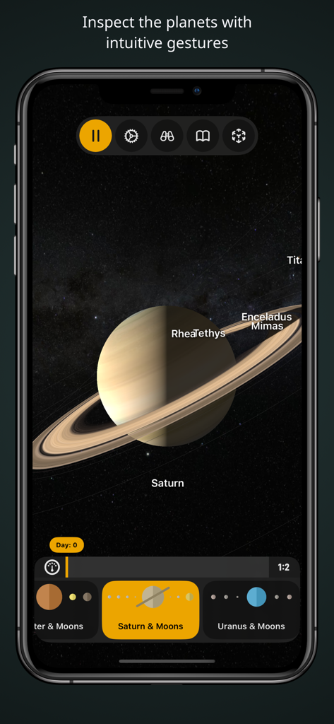 A 3D visualization of the planet Saturn and its rings on a smartphone screen using the solAR app