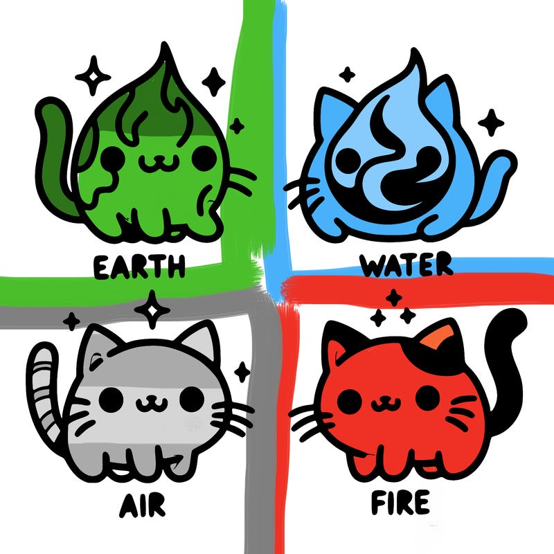 4 cats that represent the different elements, earth, water, air, and fire