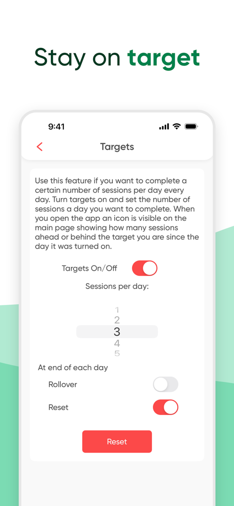 Oberfläche der Kegel Trainer App, die den Bildschirm mit den Zieleinstellungen zur Festlegung täglicher Übungssitzungsziele anzeigt.