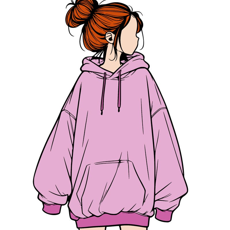 realistic girl with a oversized sweatshirt on and a bun