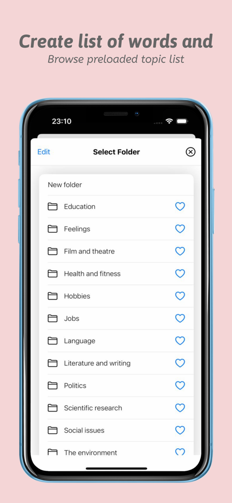 Screen showing organized vocabulary folders by topic such as Education and Jobs in the English Learners Dictionary app