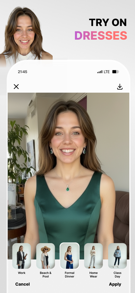 Interface do aplicativo Visio demonstrando o recurso de experimentar vestidos com IA com uma opção de vestido formal verde selecionada.