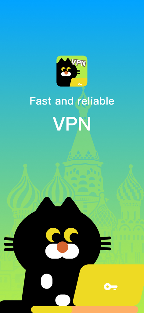 VPN – Black Cat Free VPN ™ - A cartoon black cat mascot using a yellow laptop on a green and blue background with silhouettes of cathedrals and the text fast and reliable VPN