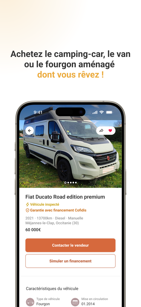 Wikicampers - Wikicampers app screenshot showing a Fiat Ducato camper van listing for sale with pricing and financing options