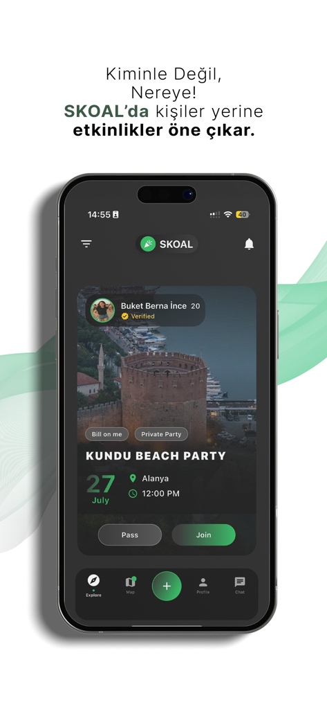 Tanışma, Arkadaşlık & Flört - Mobile interface of Skoal app showcasing an activity-based dating event for a beach party