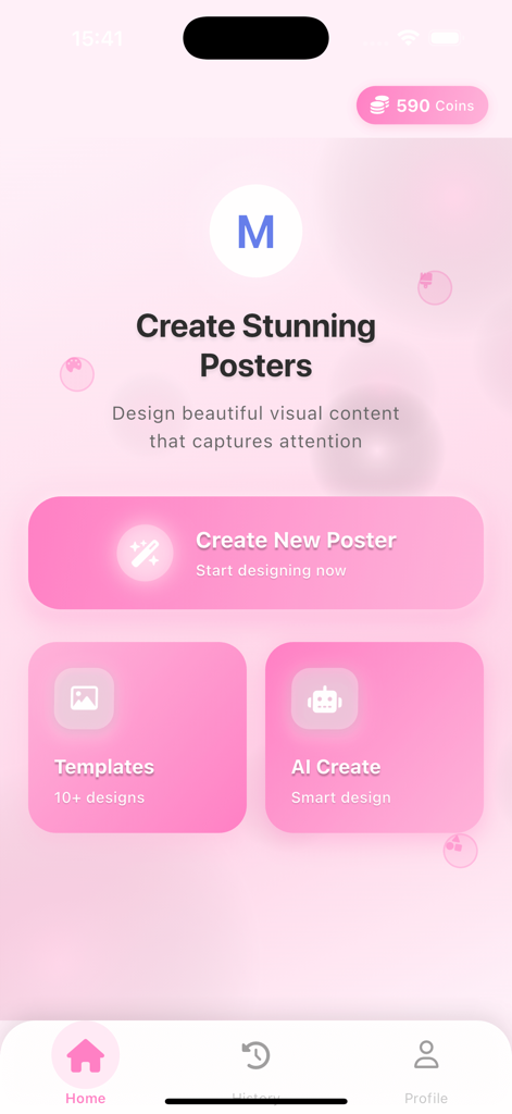 Miru- - Écran d'accueil de l'application Miru avec des options pour créer de nouvelles affiches, parcourir les modèles et utiliser la conception intelligente de l'IA
