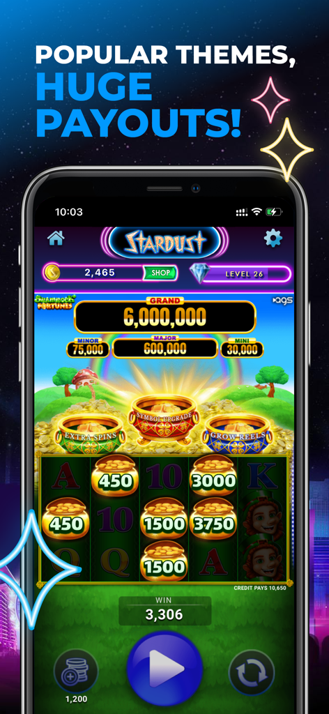 Screenshot of the Shamrock Fortunes slot machine game within the Stardust Social Casino mobile app