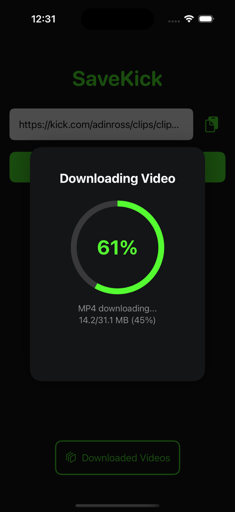 SaveKick mobile app interface showing a green circular progress bar at 61 percent for an MP4 video download from Kick