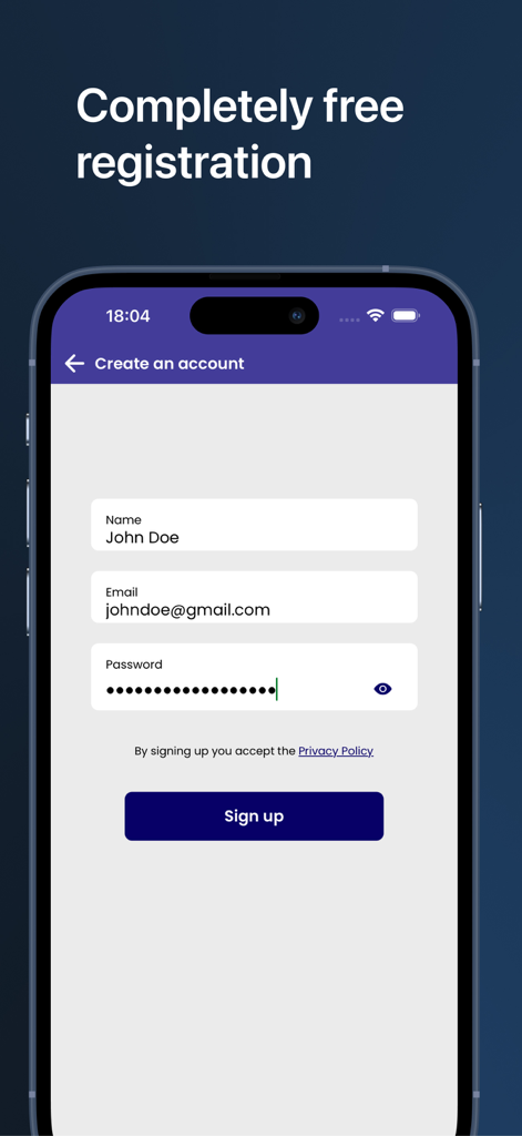 Karate Notes: Katas & Routines - A smartphone screen showing the free registration page for the Karate Notes app with fields for name and email.