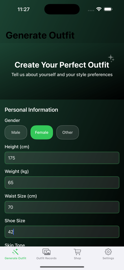 Jowy - The personal information screen in the Jowy app for entering biometric data for AI styling