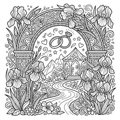 Celebrate eternal love and natural beauty with this exquisite wedding coloring page, showcasing elegant reblooming irises and symbolic wedding rings. Immerse yourself in a romantic scene, perfect for adding your personal touch to a special occasion.