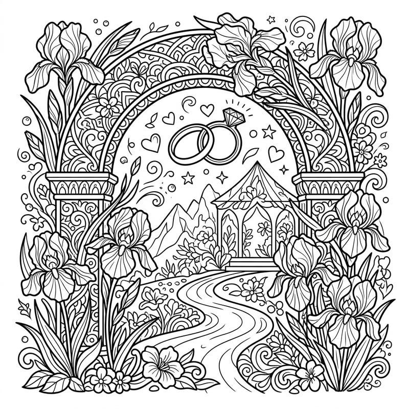 Celebrate eternal love and natural beauty with this exquisite wedding coloring page, showcasing elegant reblooming irises and symbolic wedding rings. Immerse yourself in a romantic scene, perfect for adding your personal touch to a special occasion.