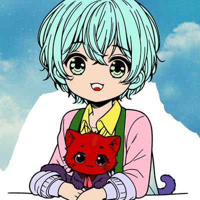 manga child with cute kitten