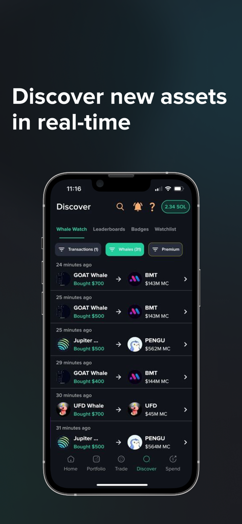 AssetDash: Portfolio Tracker - AssetDash mobile app discover screen showing real-time whale watch transactions for crypto tokens