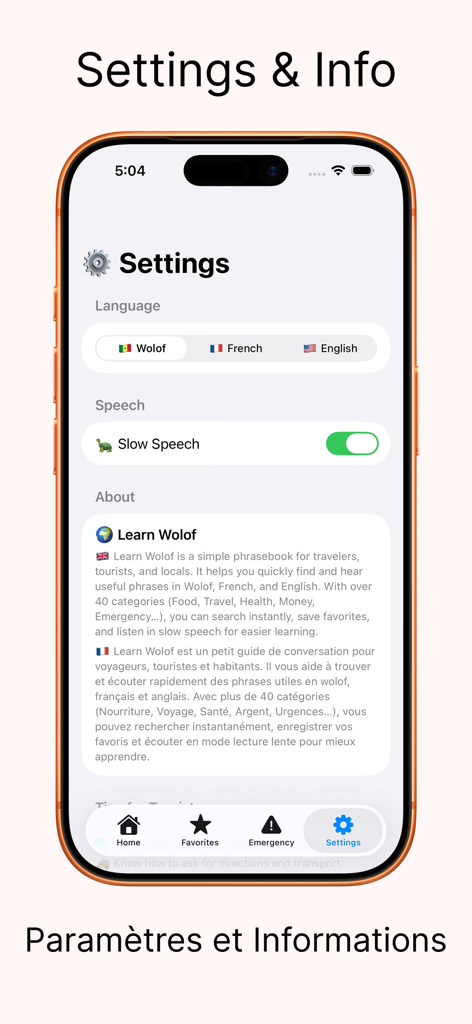 Wolof - The Settings and Info screen of the Wolof app showing language selection for Wolof, French, and English along with a slow speech toggle.
