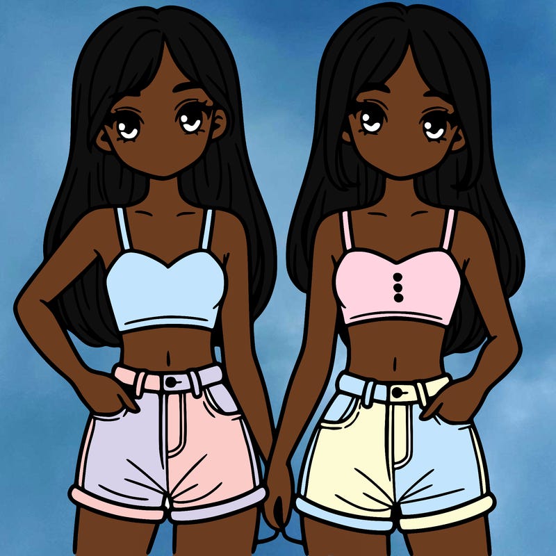 two sisters with crop tops and jean shorts and straight hair