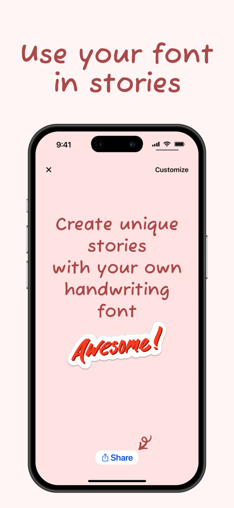 iPhone screen showing a custom handwriting font being used for social media stories with a share button