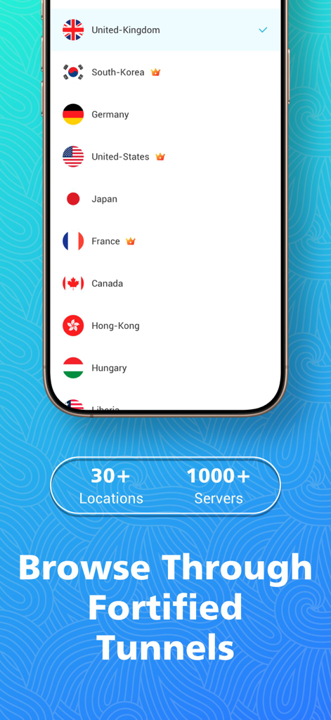 Secure VPN App-Oberfläche mit einer Liste globaler Serverstandorte und Serverstatistiken