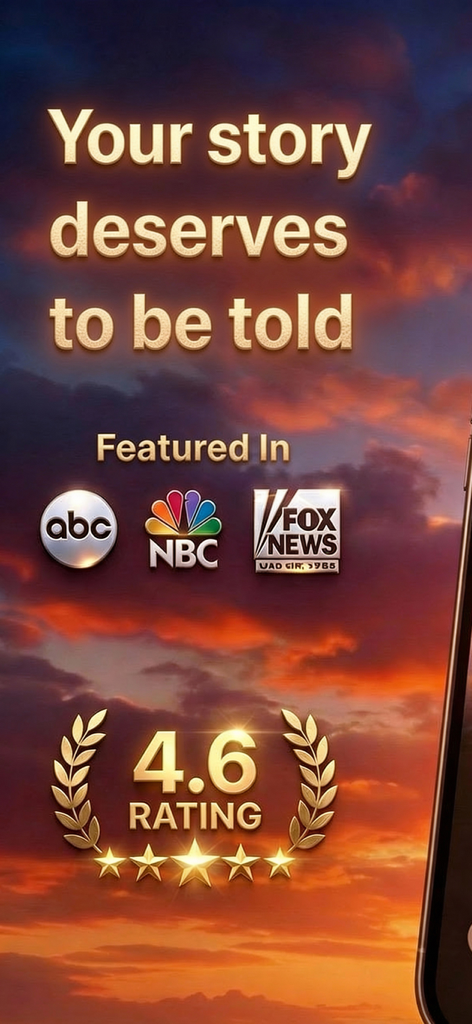 Fable: The AI Story Generator - Fable AI Story Generator 4.6 star rating and featured media logos on a sunset background