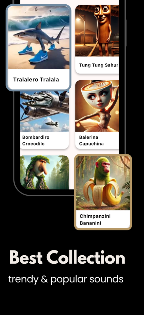 Italian Brainrot Soundboard - A collection of surreal meme characters including a shark in sneakers and a monkey banana from the Italian Brainrot Soundboard app