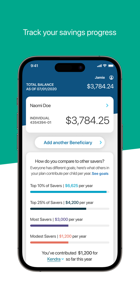 READYSAVE 529 - Uma captura de tela do aplicativo READYSAVE 529 mostrando o saldo da conta e benchmarks de poupança em comparação com outros usuários
